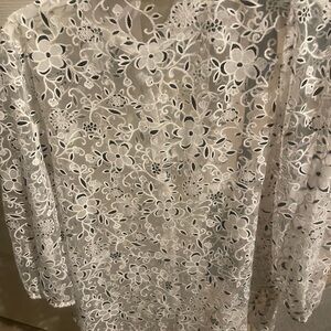 White and black Shear Blouse with pearl buttons